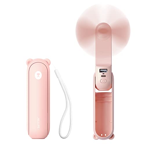 JISULIFE Handheld Mini Fan, 3 IN 1 Hand Fan, Portable USB Rechargeable Small Pocket Fan, Battery Operated Fan [14-21 Working Hours] with Power Bank, Flashlight Feature for Women,Travel,Outdoor-Pink