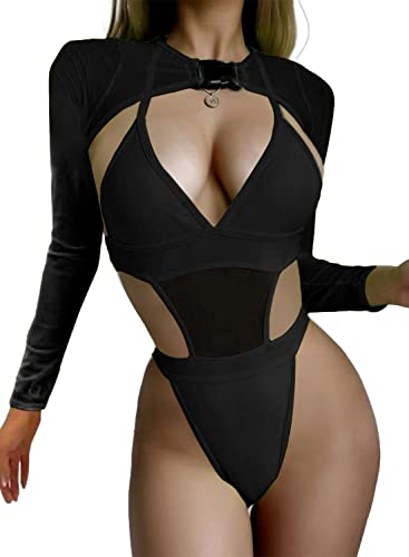 Rave Outfits for Womens - Festival Neon Bodysuit Long Swimsuits Mesh Buckle Shrug Crop Top for Club Party 2 Pcs Set(Black,XS,1017e)