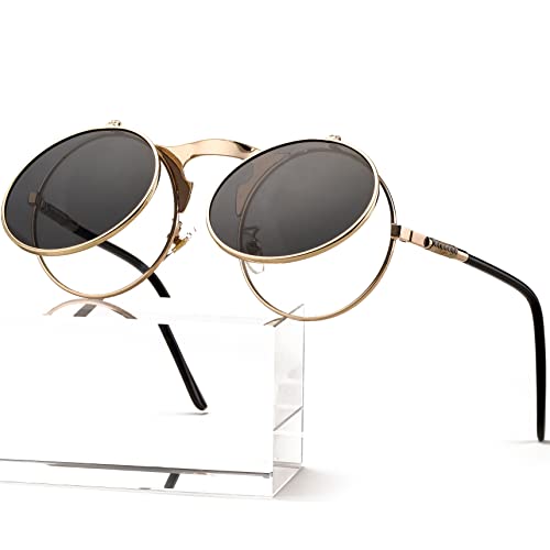 AIEYEZO Round Flip Up Sunglasses for Men and Women - John Lennon Glasses 90's Retro Steampunk Style