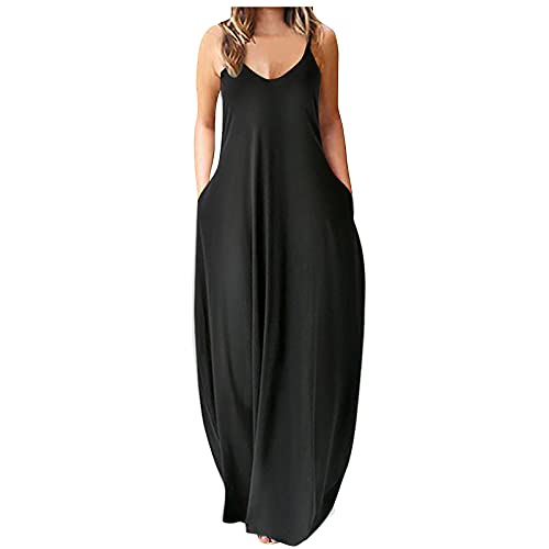 UOFOCO Sexy V Neck Long Dress Women Plus Size Solid Color Sleeveless Straps Pockets Boho Maxi Dress