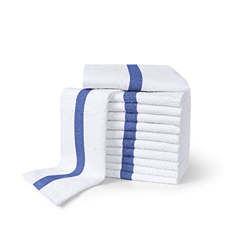 Improvia White with Blue Stripe Bar Mop Towels - 12 Pack, Made of 100% Terry Cotton - Super Absorbent and Lint-Free Cloth Rag for Restaurant, Kitchen, Bathroom, Spa, and More - 16 x 19 inches