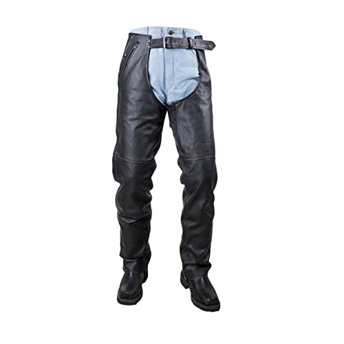 Motorcycle Leather Chaps for Men, Biker Riding Cowboy Chaps, Black Multi-Pocket Split Leather Pants W/Zipout liner