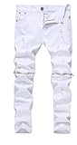 Boy's White Slim Fit Skinny Jeans Ripped Elastic Waist Pants with Zipper for Kids,White,10 Slim
