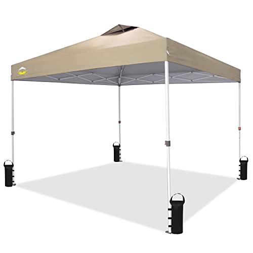CROWN SHADES 10x10 Pop Up Canopy, Patented One Push Tent Canopy, Wheeled Carry Bag, 8 Stakes, 4 Sandbags, 4 Ropes, Beige