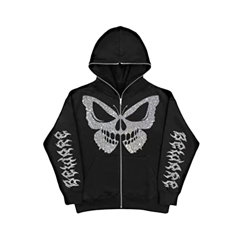 Rhinestone Graphic Zip up Hoodies Goth Punk Women Men Oversized Baggy Jacket Skeleton Loose Sweatshirt(Black Butterfly,S)