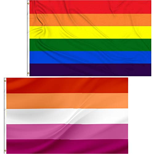 ZOOYOO Rainbow Flag and Lesbian Pride Flag Gay Flag and Lesbian Flags（3x5 FT,Pack of 2）