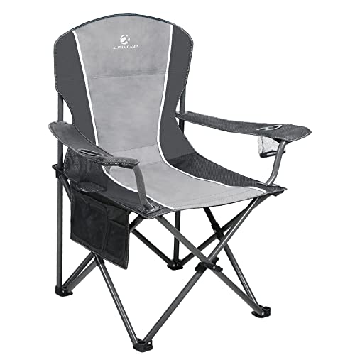 ALPHA CAMP Folding Camping Chair Heavy Duty Support 350 LBS Oversized Steel Frame Collapsible Padded Arm Chair with Cup Holder Quad Lumbar Back Chair Portable for Outdoor, Black/Gray