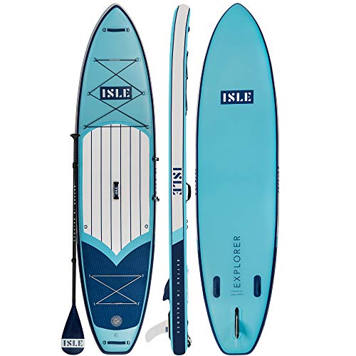 ISLE Explorer Inflatable Stand Up Paddle Board & iSUP Bundle Accessory Pack — Durable, Lightweight with Stable Wide Stance — 300 Pound Capacity, 11'6' Long, 6' Thick (Blue)