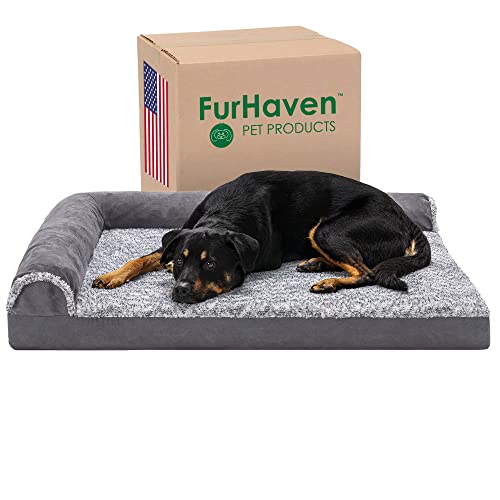 Furhaven XL Orthopedic Dog Bed Two-Tone Faux Fur & Suede L Shaped Chaise w/ Removable Washable Cover - Stone Gray, Jumbo (X-Large)