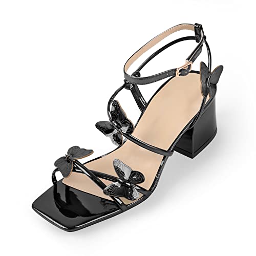 Women's Dress Square Toe Ornamented Butterfly Cross-Tied Strap Fashion Sandals Black Size 5