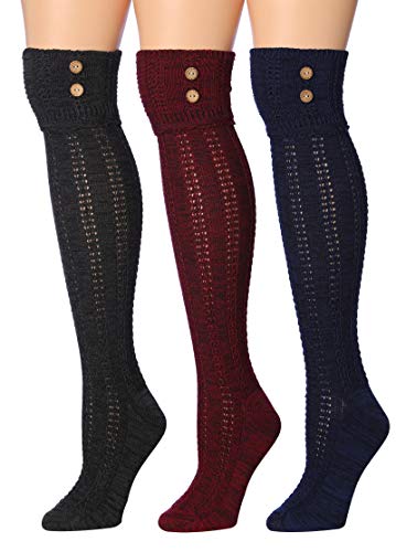 Tipi Toe Women's 3-Pairs Winter Warm Knee High/Over The Knee With Buttons Cotton-Blend Boot Socks