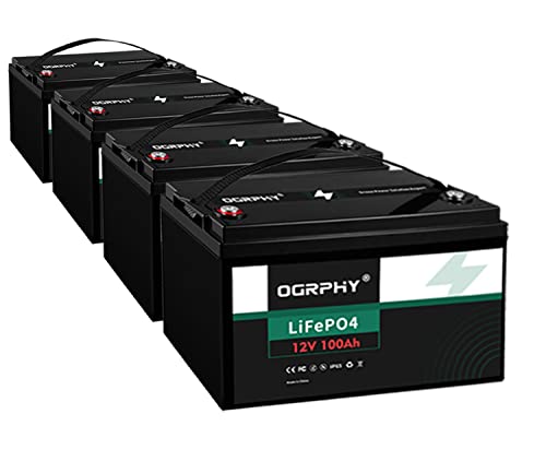OGRPHY 4 Pack 12V 100Ah LiFePO4 Battery, 1280Wh Grade A Cells Lithium Battery with 100A BMS, Up to 5000+ Deep Cycles Battery for RV, Trolling Motor, Solar, Golf Cart, Marine and Off Grid Applications
