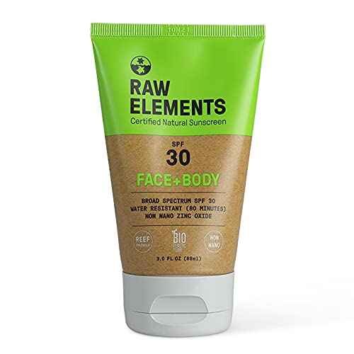 Raw Elements Certified Natural Sunscreen | Non-Nano Zinc Oxide, 95% Organic, Very Water Resistant, Reef Safe, Non-GMO, Cruelty Free, SPF 30+, All Ages Safe, Moisturizing, 3oz