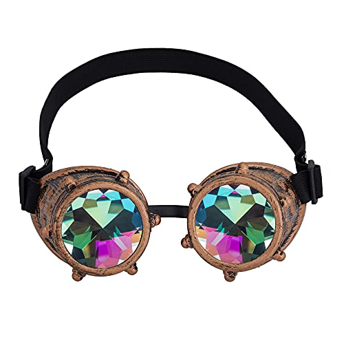 Kaleidoscope Goggles for Raves Trippy Psychedelic Steampunk Glasses with Rainbow Prism Diffraction Crystal Lenses