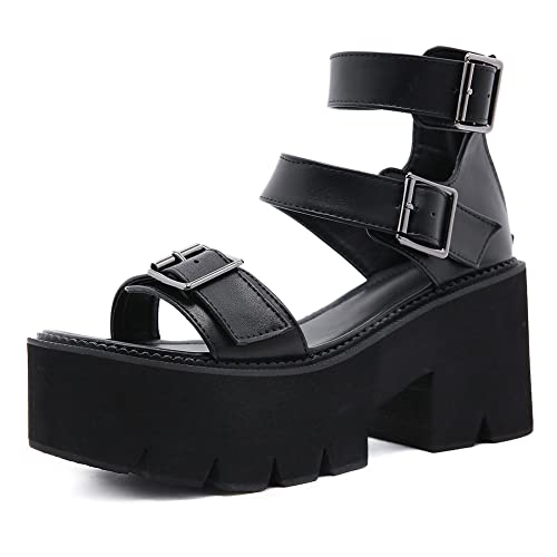 Womens Platform Sandals Cutout Open Toe Ankle Strap Punk Goth Chunky Mid Heeled Sandals Black