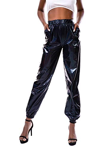 SIAEAMRG Womens Shiny Metallic High Waist Stretchy Jogger Pants, Wet Look Hip Hop Club Wear Holographic Trousers Sweatpant