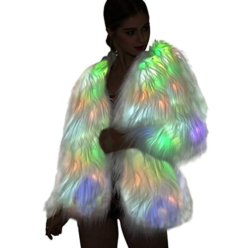 Led Fur Coat for Women Rainbow Sparkly Light Up Jacket White Furry Rave Costume