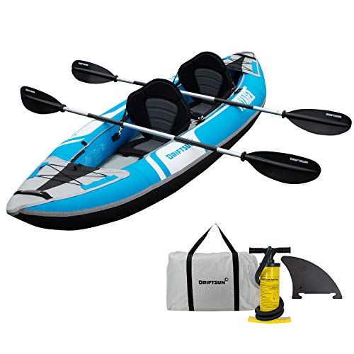 Driftsun Voyager Inflatable Kayak - 2 Person Tandem Kayak, Includes Aluminum Paddles, Padded Seats, Double Action Pump