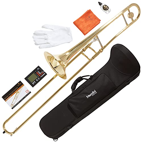 Mendini by Cecilio Trombone Kit - Bb Tenor Brass Instruments for Kids, Beginners w/Case & Gloves