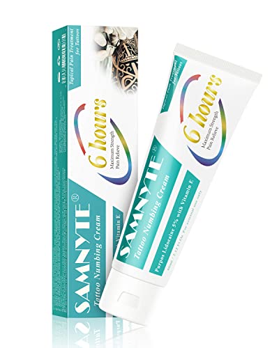 Samnyte Tattoo Numbing Cream, 5% Lidocaine Cream Maximum Strength Lasts 6-8 Hours, Painless Tattoo Numbing Cream & Topical Anesthetic Cream, Also for Piercings, Waxing, Microneedling - 2.12Oz