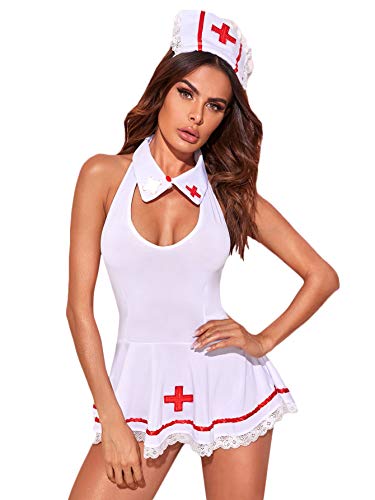 Milumia Women 3 Pack Costume Lingerie Set Lace Trim Nurse Babydolls Nightwear with Headband White Small