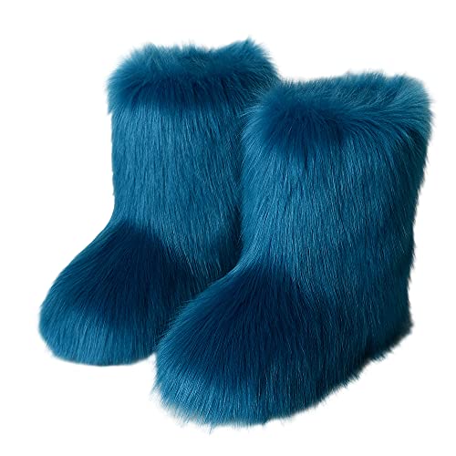 BININBOX Faux Fur Boots for Women Fuzzy Fluffy Furry Round Toe Suede Winter Comfy Plush Warm Short Snow Bootie Flat Shoes Mid-Calf Boots Outdoor Indoor