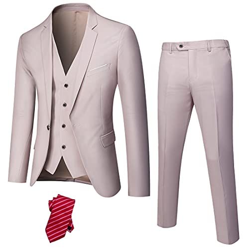YND Men's Slim Fit 3 Piece Suit, One Button Solid Jacket Vest Pants Set with Tie