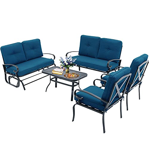 Oakcloud 5Pcs(6 Seats) Outdoor Metal Furniture Sets Patio Conversation Set Glider, 2 Single Chairs, Loveseat and Coffee Table, Wrought Iron Look (Peacock Blue)