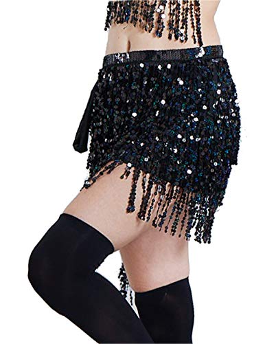 Lauthen.S Women Sequin Skirt Tassels Belly Dance Hip Scarf Sparkly Rave Fringe Wrap Skirt