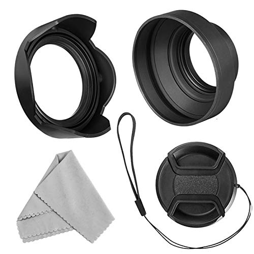 Veatree 58mm Lens Hood Set, Collapsible Rubber Lens Hood with Filter Thread + Reversible Tulip Flower Lens Hood + Center Pinch Lens Cap + Microfiber Lens Cleaning Cloth