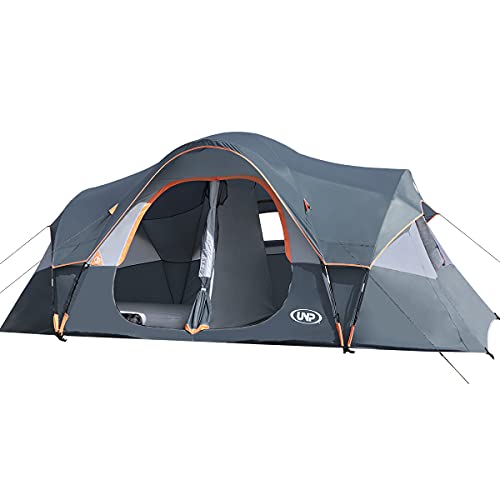 UNP Camping Tent 10-Person-Family Tents, Parties, Music Festival Tent, Big, Easy Up, 5 Large Mesh Windows, Double Layer, 2 Room, Waterproof, Weather Resistant, 18ft x 9ft x78in (Gray)