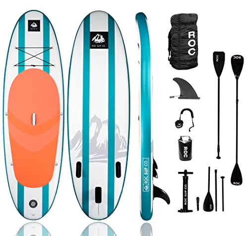 Roc Paddle Boards Inflatable Stand Up Paddleboard Pack W/ Heavy Duty Comfort Backpack, Paddle, Kayak Paddle, Non-Slip Deck Pad, Waterproof Bag, Safety Leash, Main Fin and a Dual Action Pump