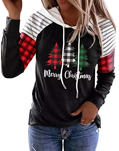 Merry Christmas Buffalo Plaid Tree Striped Splicing Hoodie Shirt Blouse for Women Christmas Color Block Plaid T-Shirt Top