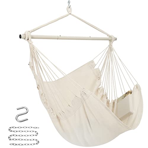 Y- STOP Hammock Chair Hanging Rope Swing Chair , Max 500 Lbs, Hanging Chair with Pocket Quality Cotton Weave for Superior Comfort Durability (Beige)