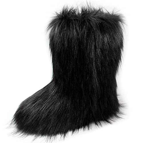 MH Bailment Faux Fur Boots for Women Fuzzy Fluffy Furry Fashion Winter Shorty Mid-Calf Snow Boots Flat Shoes (Black, 6, numeric_6)
