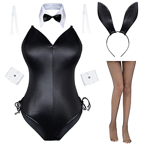 Womens Bunny Girl Senpai Cosplay Anime Role Costume One Piece Bodysuit Removable Padded with Stockings Set (S)