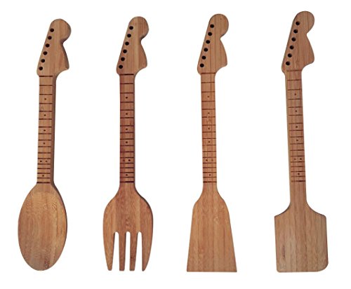 Bamboo Guitar Neck Shaped Kitchen Cooking Utensil Set - Guitar Shaped Musician Gifts - Set of 4: Spoon, Spatulas and Salad Fork