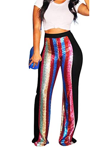 ALLUMK Women's Stretchy High Waisted Wide Leg Button-Down Pants with Sequins