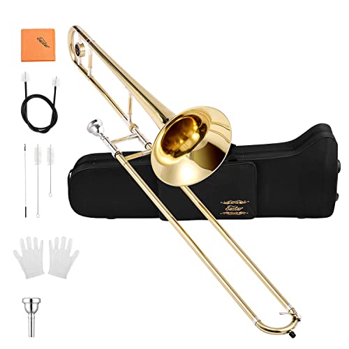 Eastar Bb Tenor Slide Trombone for Beginners Students, B Flat Brass Plated Trombone Instrument with Mouthpiece, White Gloves, Cleaning Kit, ETB-330, Golden
