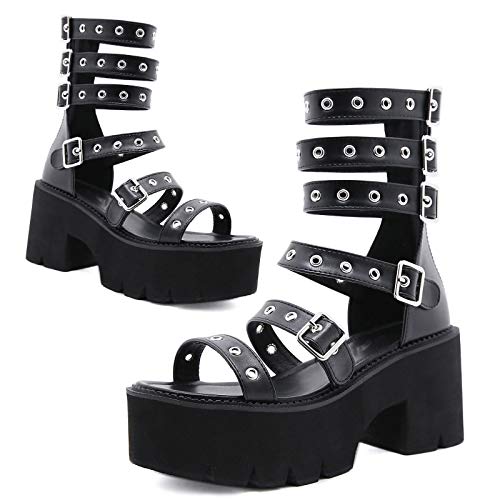 Women's Summer Platform Sandals Fashion Fisherman Goth Punk Roman Sandal Metal Buckle Zipper Cutout Open Toe Chunky Heel Sandals