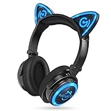 MindKoo Wireless Headphones Bluetooth LED Light Up 7 Color Blinking Cat Ear Over Ear/On Ear Safe Foldable Headset Stero with Microphone for iPhone/iPad/Smartphones/Laptop/PC/TV Kids Adults