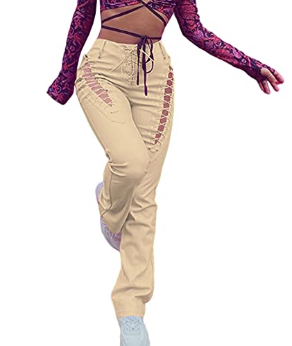 xxxiticat Women's Lace Up PU Leather Pants Chic High Waist Hollow Out Drawstring Bandage Cut Out Faux Leather Trousers