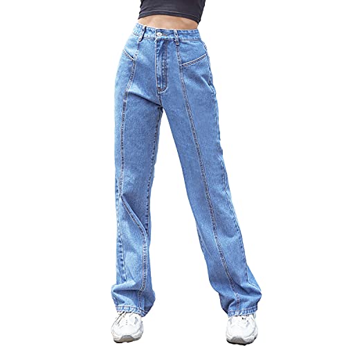 Women Patchwork Jeans High Waisted Straight Leg Stretch Denim Pants Girls Fashion Color Block Patch Jeans
