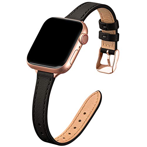 STIROLL Slim Leather Bands Compatible with Apple Watch Band 38mm 40mm 41mm 42mm 44mm 45mm 49mm,Top Grain Leather Watch Thin Wristband for iWatch Ultra SE Series 8/7/6/5/4/3/2/1(Black with Rose Gold)