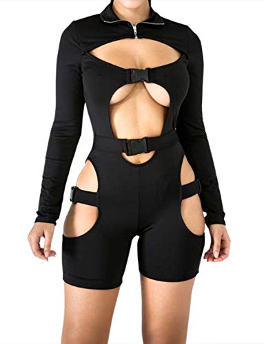 VWIWV Women Long Sleeves Jumpsuit Bodycon Buckle Romper Sexy Hollowing Out Bodysuit Short Jumpsuit Pants (X-Small(fits Like US 2-4), Black)