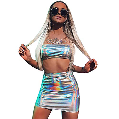 Women's Metallic Shiny Off Shoulder Crop Top + Silver Skirt Two Piece Rave Outfits Set