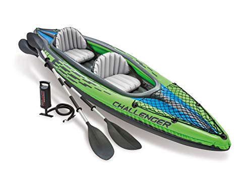 Intex Challenger K2 Kayak, 2-Person Inflatable Kayak Set with Aluminum Oars and High Output Air-Pump, Grey/Blue (68306EP)