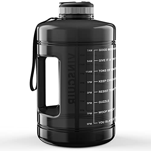 VINSGUIR 1 Gallon Water Bottle with Times to Drink - Motivational Large 128 oz Water Jug with Straw & Strap & Handle, BPA Free Big Water Bottle for Daily Drinking & Gym Workout (Black)