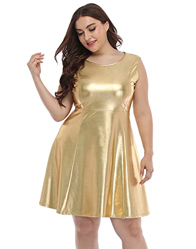 HDE Shiny Metallic Alien Costume Dress Futuristic Sleeveless Space Skater Dress (Gold, 1X)
