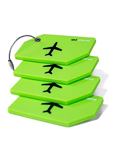 Untethered Luggage Tag Set | 4 Pack Flexible & Bright Silicone Baggage Tags for Travel & Suitcases. Includes Name Cards with Partial Privacy Cover & Stainless Steel Loops for Secure Fastening (Green)
